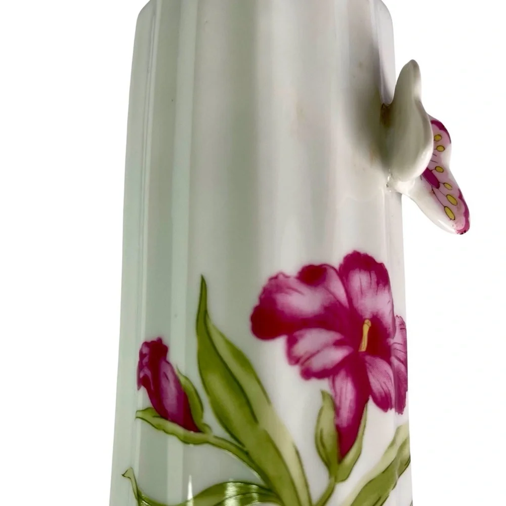 70's Lego Japan 6” Heart Shape 3D Butterfly Pink Floral White Porcelain Bud Vase